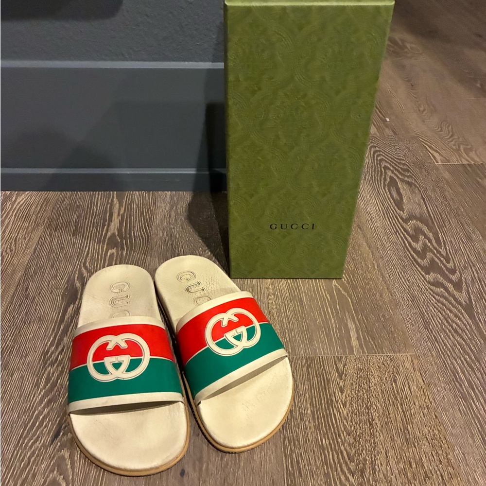 Gucci Cream Slides with Red and Green Stripes